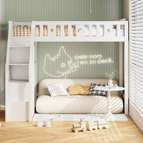 Moimhear Cama alta de 90 x 200 cm, con escalera de almacenamiento y estantes, cama individual de madera, cuna, cuna, marco de madera maciza (blanco)