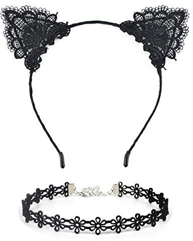 Serre Tête Oreille de Chat, 2 Pièces Bandeau à Oreilles de Chat avec Collier en Dentelle, Serre Tete Halloween Femme, Serre Tete pour Halloween, Carnaval, Anniversaire, Cosplay