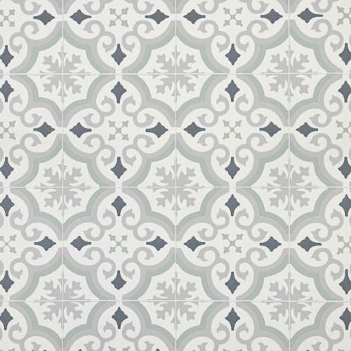 Sage Grey Victorian Tile Effect Eclipse Vinyl Flooring 2mm Thick Lino Roll Bathroom Kitchen (2m Wide x 4m Long)