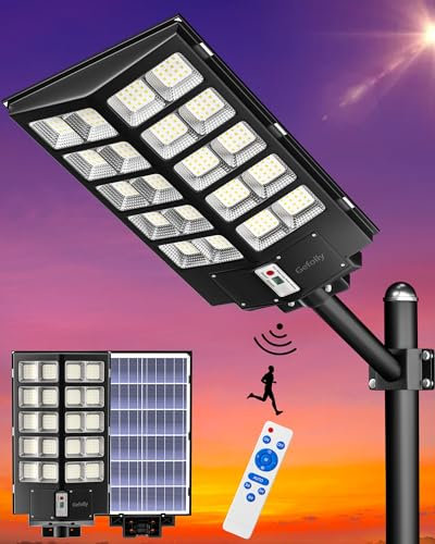 Gefolly SL-5300W Solaire Exterieur Lampadaire-530000LM Lumière Solaire avec Télécommande, 6500K Crépuscule à l'Aube Étanchéité IP67 Projecteur Solaire Exterieur Pour Rue Garage Éclairage Public