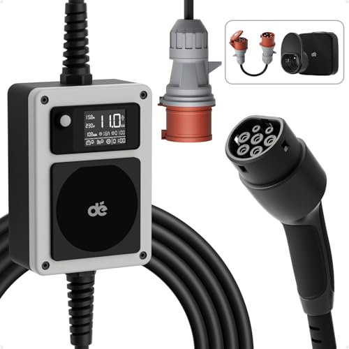 dé Mobile Wallbox 11kW [3-phasig|10m|6-16A] mit Ladekabel, CEE auf Typ 2 mit Stromzähler, EV Ladegerät/Ladestation für Zuhause Model Y/3, ID.3/4/5, MG4, EX30, e-up, e-tron, Zoe und andere EVs