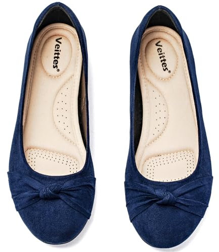 Veittes Women's Wide Width Flats Shoes - Fashion Round Toe Slip-on Comfortable Bow Ballet Shoes.(2109004-2408,BL/MF,UK10 Wide)
