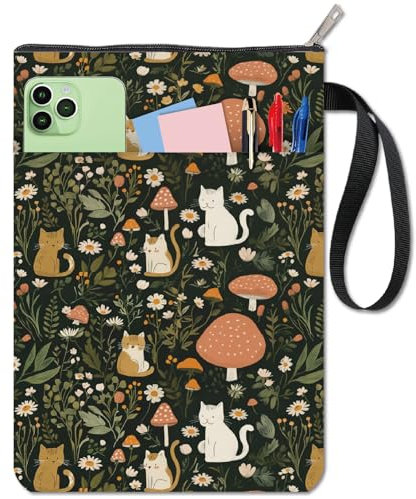 craspire Cat couvertures de Livre Protecteur de Livre de Champignon Pochette de Livre Vert pour Les Broches Couverture de Livre en Tissu Lavable avec Fermeture éclair et Poche supplémentaire