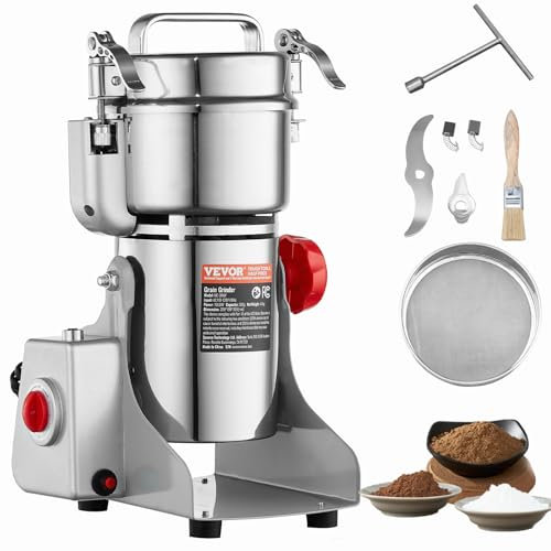 VEVOR Molinillo de Especias Comercial Capacidad de 300 g Molinillo de Cereales Eléctrico 1500 W Molinillo de Alta Velocidad 28000 rpm para Granos Secos Especias Cereales Café Maíz Pimienta