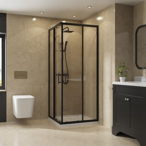 NRG 760 x 760mm Bathroom Square Corner Entry Shower Enclosure with Double Sliding Doors 6mm Safety Glass Black Framed