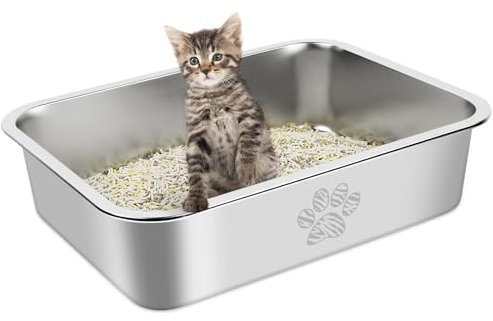 PTLOM Edelstahl Katzenklo, Katzentoilette aus Metall, Spritzwassergeschützt und Antihaftbeschichtet, Katzenklo,Nur für Kätzchen geeignet, Kaninchen,Tigerpfotenabdruck,40x30x10cm