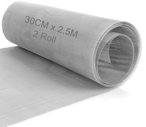 AHAQU 2 Rollen 304 Edelstahl-Mesh-Rolle, 30 cm x 2,5 m, Metall-Nagernetz, 20 Maschen, feines Drahtgeflecht, Maus, Insektennetz für Lüftungsschlitze, Fenster, Luftziegelabdeckungen, Garten, Türen