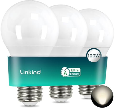 Linkind Ultra-effiziente E27 LED Lampe 1521LM, 7,2W=100W, 4000K Neutralweiß von Energieeffizienzklasse-A, 50,000 Std. Lebensdauer, Nicht Dimmbar, A60 E27 Energy-Saving Bulb, Matt, 3 Stück