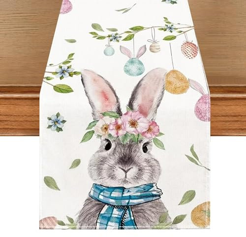 GGXDH Hase Osterei Ostern Tischläufer, 33x183cm Waschbar Leinen Saisonnal Frühling Küche Esstisch Dekoration Tischdecken für Drinnen und Draußen Urlaub Party Wohnzimmer Dekor