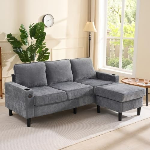 ANIROY L-Shaped Corner Couch Sofa, 3 Seater Sofa, Sectional Sofa Couches with USB, Cup Holder for Apartment Living Room (Grey)