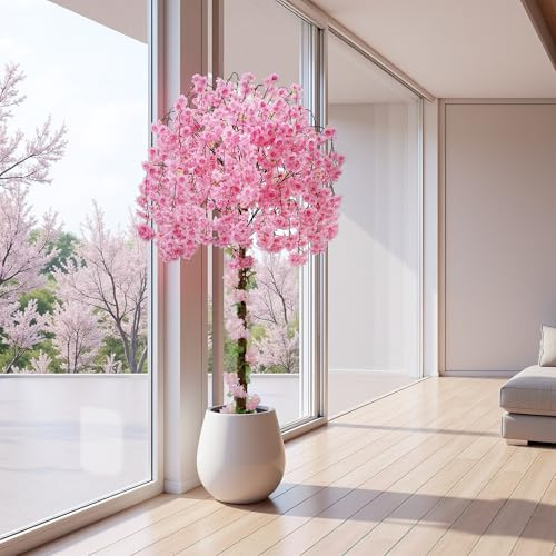 Artificial Cherry Blossom Tree, 6FT Height with 100 LED Lights, Faux Silk Plant in Pot for Home, Office, Wedding, Garden, Party, and Hotel Decorations (Pink, 6FT)