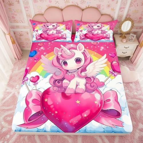 feelingyou Nettes Einhorn Spannbettlaken S Größe, Kawaii Rosa Bowknot Herzform Matratzenbezug für Schlafzimmer, Starry Galaxy Regenbogen Wolke Polyester Bettbezug (kein oberstes Blatt), 1 Einbaubezug