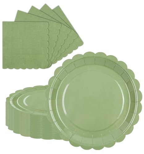 LDFDRT vert sauge Vaisselle de fête d'anniversaire, assiettes en carton et serviettes, 23 cm, 20 pièces et serviettes de fête en papier, pour mariage, jardin décoration