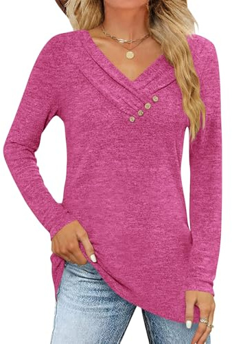 iudam Damen Pullover Langarmshirt V-Ausschnitt Oberteil Shirt | Elegant, Locker, Blusen, Herbst Basic, Tunika, Knopf