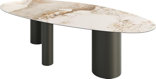 Esszimmertisch Edge Oval Keramik Minas Melange Weiß-Beige 280x130 Troa Metall Effektfinish Titan