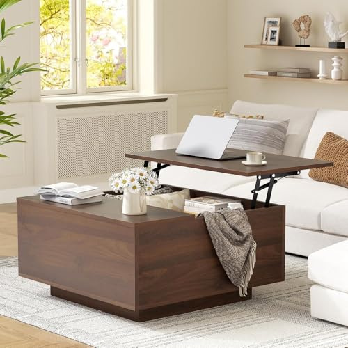 Mossora Walnut Lift Top Coffee Table with Hidden Storage, 80 * 80 * 40cm | Farmhouse Wood Square Coffee Tables with Storage Compartment, Center Table with Lifting Tabletop for Living Room