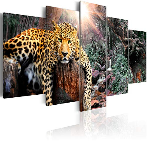 B&D XXL - Wandbilder XXL 200x100cm 5 tlg - Wand Deko Leinwand Bilder Groß Wanddeko Wohnzimmer Schlafzimmer Kunstdrucke - Tier Leopard Natur g-C-0031-b-p