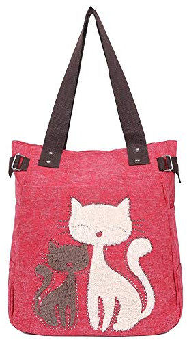 EGOGO Damen Schultertasche Canvas Henkeltasche Tasche Handtasche Niedliche Katzen Tasche E523-2 (Rot)