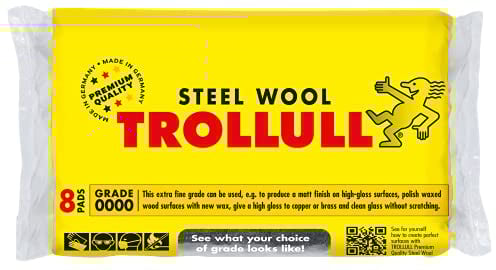 TROLLULL Stahlwolle | Drahtwolle extrafein 0000 poliert gewachstes Holz, Kupfer, Messing und matte Oberflächen, reinigt Glas, 8 Pads 200 g