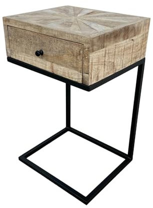 Indoortrend Sofatisch Couchtisch 40 cm breit - Beistelltisch Metall Gestell C-Form - Ablagetisch Natur Massivholz - Vintage Möbel Maße B: 40 x T: 65 x H: 35 cm