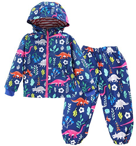 LZH Boys Girls Waterproof Raincoat Hooded Jacket Dinosaur Coat Trousers Suit, Blue, 3-4 Years(120)