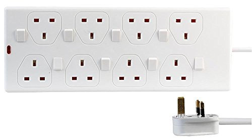 ShaniTech 8 Way Gang 2 Metre 13A Mains Individually Switched Power Extension Lead Socket White