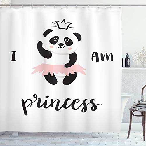 Ambesonne Cartoon Shower Curtain, Funny Ballerina Panda Bear Dancing in Pink Skirt Girls, Cloth Fabric Bathroom Decor Set with Hooks, 69 W x 75 L, White Black Rose