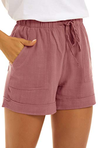 FANGJIN Short Ample Femme Pantalon Taille Haute Court Couleurs Unies Coton Bermuda Sport avec Poche Grande Dété Elastique Lin Fitness Droit Rose XL