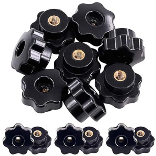 Mardatt - Set di 15 manopole M6 a forma di stella con dado e foro passante in ottone con impugnatura filettata femmina a vite, in plastica nera