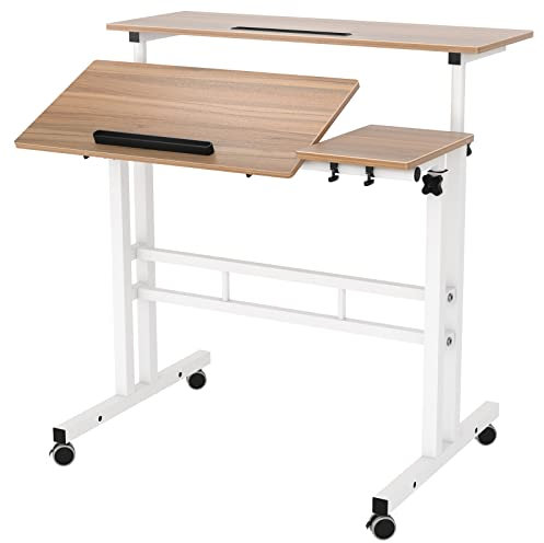 SDHYL Bureau Assis Debout Mobile pour Ordinateur Portable Table de Lit Roulante Réglable en Hauteur 67-115cm Bureau Informatique Multifonctionnel avec Emplacement pour Phone/Tablette Chêne/Blanc