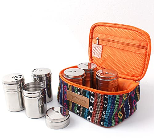 RoseFlower Outdoor Seasoning Bottle Set, Portable Spice Jars Set - Set of 6pcs Stainless steel Spice Jars with Shaker Lids - with Organiser Bag - 125ml - for Travel Camping Hiking BBQ Picnic