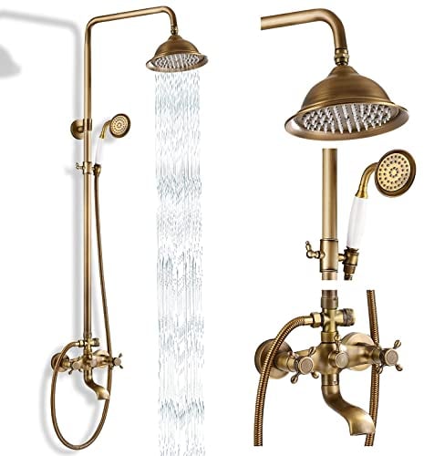 MOSSON Antique Brass Shower System Bathroom Shower Faucet Set with 8 Inch Shower Head Handheld Spray and 360 ° Rotation Tub Spout 2 Cross Handles Outdoor Shower Fixtures