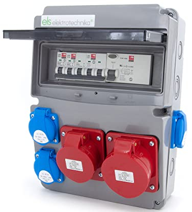 ELS Elektrotechnika Steckdosenverteiler Baustromverteiler Wandverteiler Schuko 4x230V + Leitungsschutzschalter 2x LS C16, CEE 16A, CEE 32A + Fehlerstromschutzschalter FI 40/4/0.03A Verdrahtet IP44