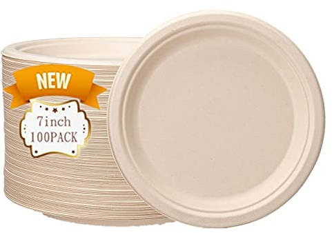 JEBBLAS Lot de 100 assiettes en carton jetables en bagasse de canne à sucre de 17,78 cm, compostables, assiettes rondes en papier très résistantes pour les fêtes et les repas en plein air, passent au.