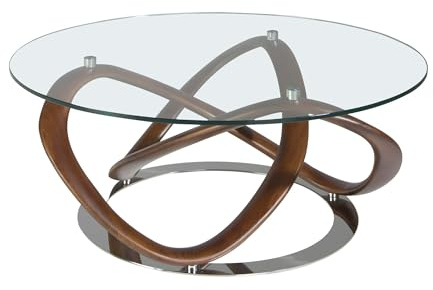 Angel Cerdá – Table Basse Design en Verre Trempé et Bois de Hêtre Coloris Noyer | Table Basse Ronde Contemporaine et Élégante | Pieds en Bois | Idéale pour Salon | Ø100 x 39 cm