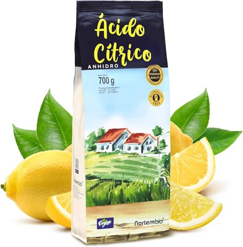 Nortembio Zitronensäure 700 g – 100% Reines Anhydrisches Konzentrat Zertifiziert – Vielseitige Haushaltsreinigung – Ohne Gentechnik – Mit E-BookInklusive