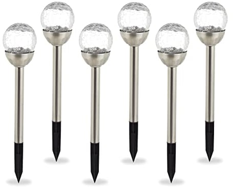 Relaxdays Solarlampen für außen, 6er Set, LED Garten Solarleuchten Kugel, weißes Licht, wasserdicht, Erdspieß, silber, 40 x 8 cm