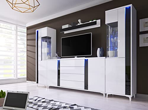 Generisch Wohnwand Marco 5 für das Wohnzimmer (KÖRPER: WEIß, Front: WEIßER Glanz + SCHWARZER Glanz)
