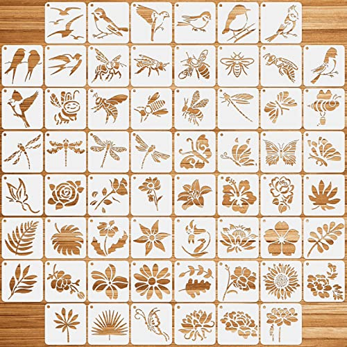 OOTSR 60 Stk Schablonen Wandgestaltung Set, Zeichnung Malschablonen DIY Schablonen der Vogel Biene Schmetterling Libelle Blume, Vorlagen für Scrapbooking Holz Möbel Leinwand Deko