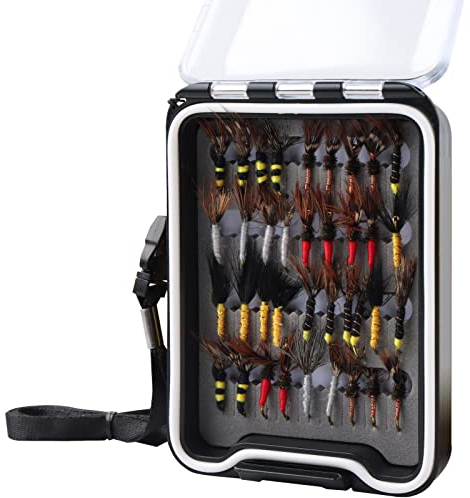 Fliegenfischen-Fliegen-Sortiment-Set, trockene Nyphmen, Tenkara, Popper, Luftschlangen, Wollbugger für Forelle, Barsch, Lachs, Stahlkopf mit Fliegenbox (Tenkara-Angelfliegen)