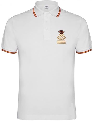 Polo Bandera España en Cuello y Mangas. Bordado Capitán de Yate. Color Blanco Blanco, Talla L