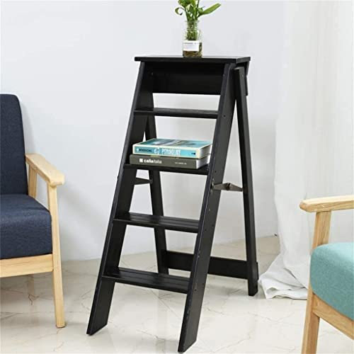 LEOSXA Escabeau en Bois, étagère Pliante pour 5 escabeaux, escabeau Pliable en Bois Massif pour bibliothèque de Cuisine à Domicile, Noir