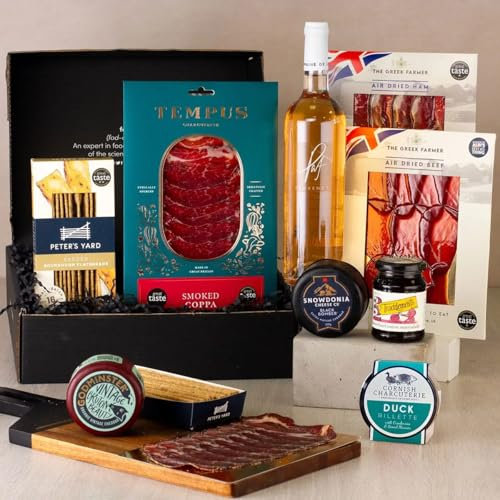 FodaBox Charcuterie & Rose Wine Gift Box - Includes 75cl Bottle of Rose Wine, 2 Deli Meats, 2 Cheeses, Duck Rillette, Sourdough Flatbread Crackers & Relish | Wine Gift For Women & Men