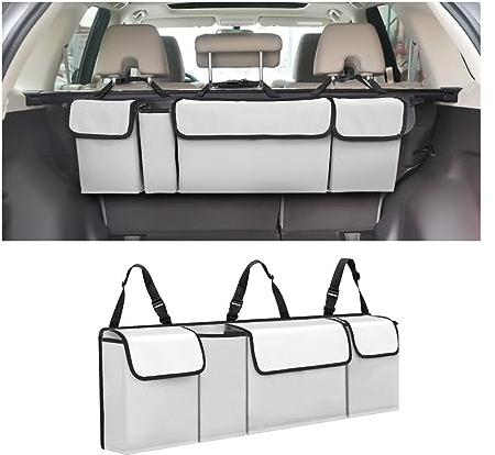 CGEAMDY Kofferraum-Organizer, Organizer für Auto, aus Oxford-Stoff, Faltbar und Wasserdicht, mit 4 Taschen, Auto-Aufbewahrung im Innenbereich (Weiß Grau)