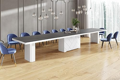 Design Esstisch HEK-111 Schwarz matt/Weiß Hochglanz ausziehbar XXL 180 cm bis 468 cm Esszimmertisch für 16 Personen Kitchentable Funktionstisch Ausziehtisch Esszimmer Tisch Esszimmermöbel
