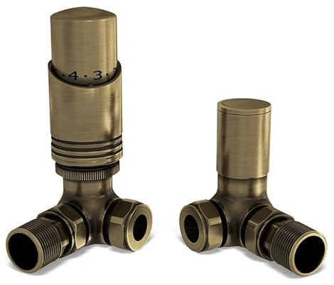 UK Radiators Antique Brass Thermostatic Radiator Valve 10mm Corner Lockshield Valve in Antique Brass Color and Brushed Finish - Classy and Modern Design 1/2 x 10mm Corner Radiator Valve