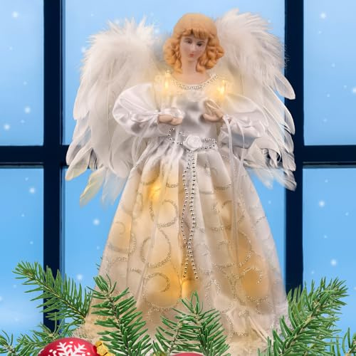 Puntale per albero di Natale con luci, 31,8 cm, angelo bianco, puntale per albero di Natale, alimentato a batteria, decorazioni natalizie