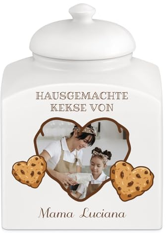 Maverton Keramik Keksdose mit Aufdruck, weiß | Vorratsbehälter mit Deckel, Vorratsglas personalisiert, Gebäckdose für Frauen zum Geburtstag, Keksglas für Naschkatze