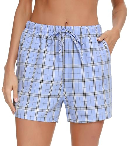 Lovasy Schlafshorts Damen Kurz Sommer Karierte Schlafanzughosen für Damen Pyjamahose mit Taschen und Kordelzug,himmelblau,XXL