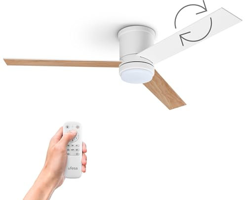 Ufesa Katmandú Ventilador de Techo con Luz, 3 Aspas Reversibles 132cm, 40W, 6 Velocidades, Ultra Silencioso, Función Verano - Invierno, Temporizador 8h, 3 Niveles Luz, Mando a Distancia, Blanco/Madera